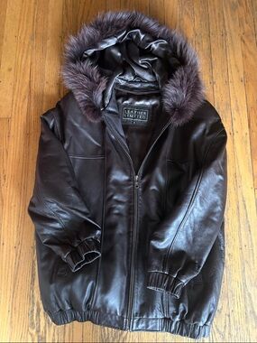 Leather Limited Women's Hooded Leather Jacket in Dark Brown with Fur Trim
